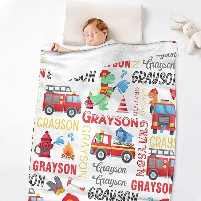 Personalized Baby Blanket for Girls Boys Kids Truck Dinosaur Custom Baby Blanket with Name Throw Birthday Gift for Toddlers Infants Shower Newborns Nursery Stroller Crib Bed Decor