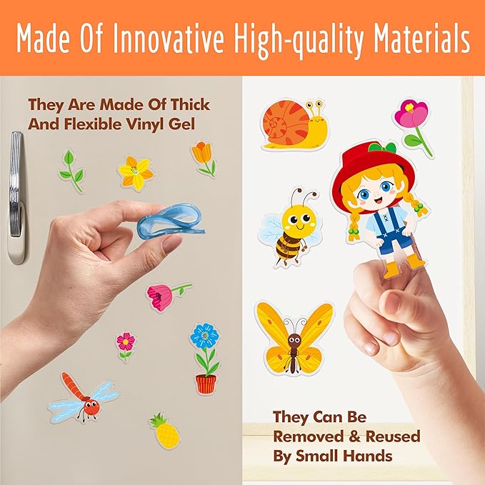 42PCS Summer-Theme Jelly Stickers, Butterfly Flower Farm Thick Window Door Clings Removable Reusable Gel Decals for Kids Toddlers Adults Home Classroom Decoration Party Supplies (Not Edible)