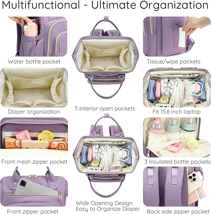 AIJIEKE Diaper Bag, Large Wide-Open Baby Diaper Backpack, Multi-functional Baby Travel Tote Bag, Diaper Bag with Changing Pad, Diaper Bags for Mom & Maternity (Purple)