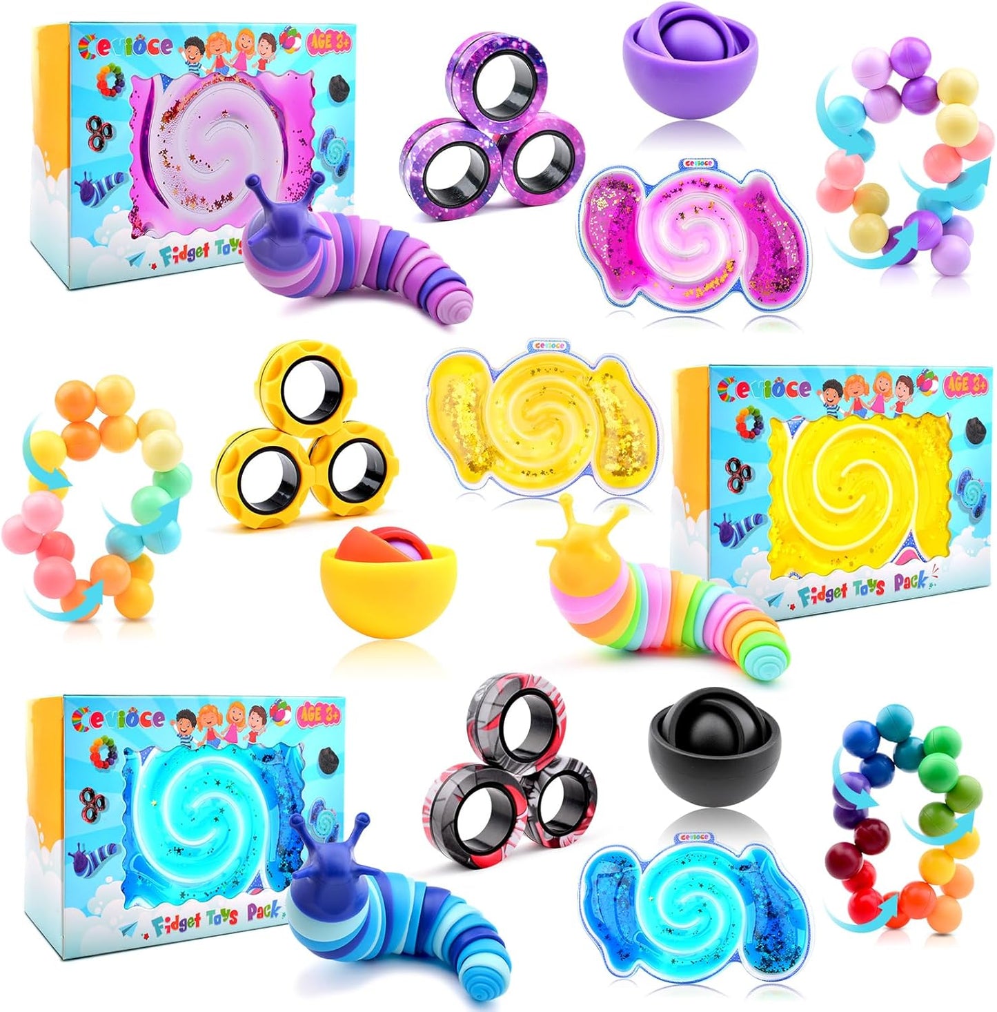 Cevioce 15Pcs Fidget Toys Adults Pack,Autism Sensory Toys with Fidget Spinner Slug Magnetic Rings,Squishy Figette Toys,Cool Gadget for Boys Teens ADHD Stress Relief,Basket Stuffer for Kids(BPY)
