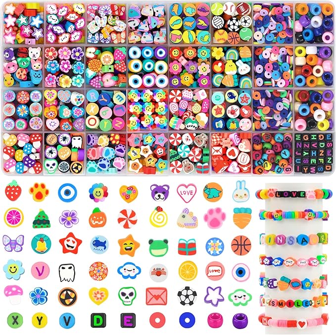 1060pcs Polymer Clay Beads Charms Kits 28 Styles Cute Fun Clay Beads Charms Flower Butterfly Heart Letter Pony Beads Charms for Women Girls Bracelet Necklace Earring Making