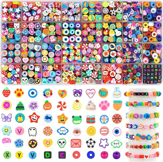 1060pcs Polymer Clay Beads Charms Kits 28 Styles Cute Fun Clay Beads Charms Flower Butterfly Heart Letter Pony Beads Charms for Women Girls Bracelet Necklace Earring Making