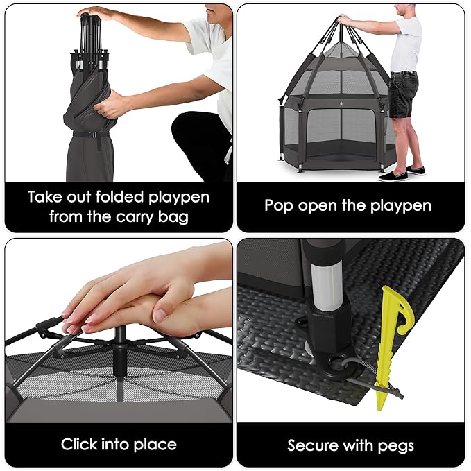 Pop-Up Playpen for Babies & Toddlers Foldable with Canopy (UPF 50), Self-Inflating Playmat, Wind Shade & Carry Bag Durable Baby Beach Tent, Outdoor