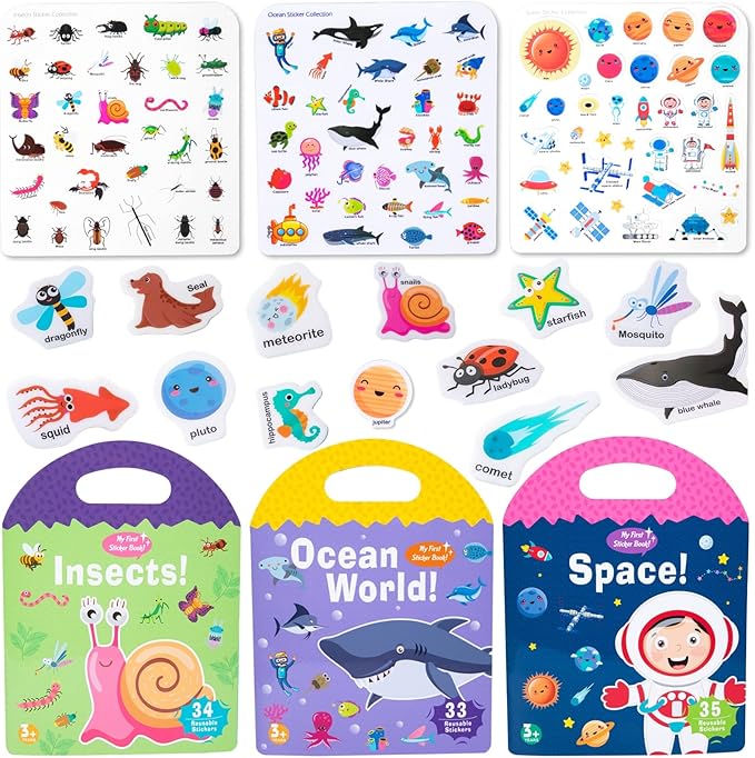 Jelly Reusable Sticker Books for Toddlers 1-3 2-4 Years, Portable Travel Toys Sticker Activity Book for Kids 2 3 4 Year Old Girls Boys, Animal Insect Sea Ocean Space