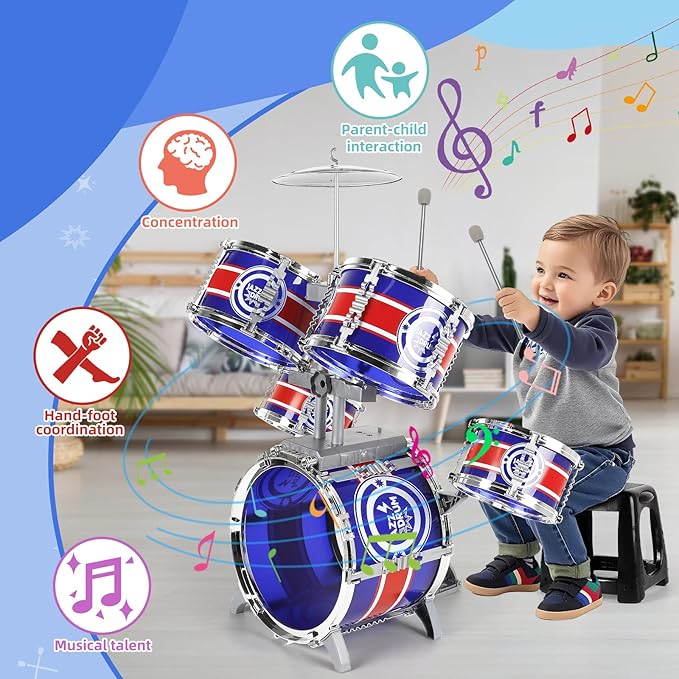 Kids Drum Set, Drum Set for Toddlers with Stool Upgraded Plastic Rock Jazz Drum Kit Musical Instruments Toys Gifts for 1 3 5 7 9 12 Years Boys Girls