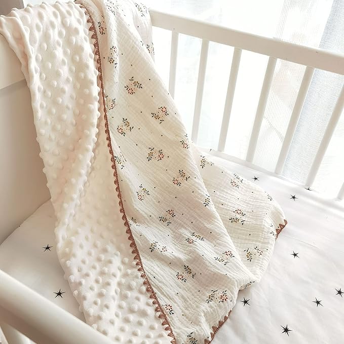 Baby Muslin Cotton Thick Blanket Dotted Backing Double Layer Soft Newborn Receiving Blanket 40x40Inch Flower Pattern