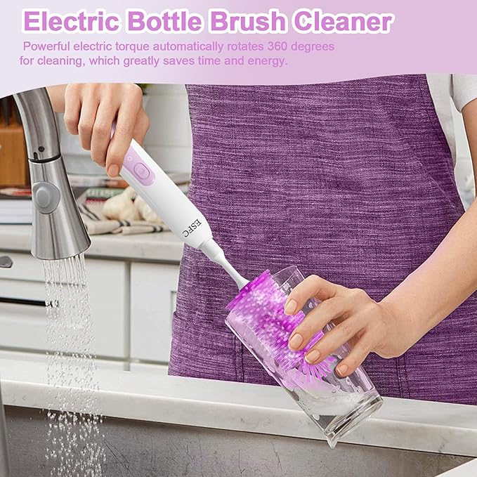 Portable Electric Baby Bottle Brush Set With Nipple/Straw Brush, Milk Frother and Drying Base, Waterproof IPX7, Rechargeable Travel Cleaning Kit, Purple