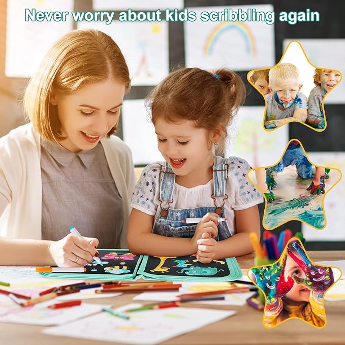 Erasable Doodle Set for Kids - Reusable Magic Drawing Book with 12 Watercolor Pens 14 Page Drawing, Road Trip Car Game Writing Painting Set for Boys and Girls (Foxes)