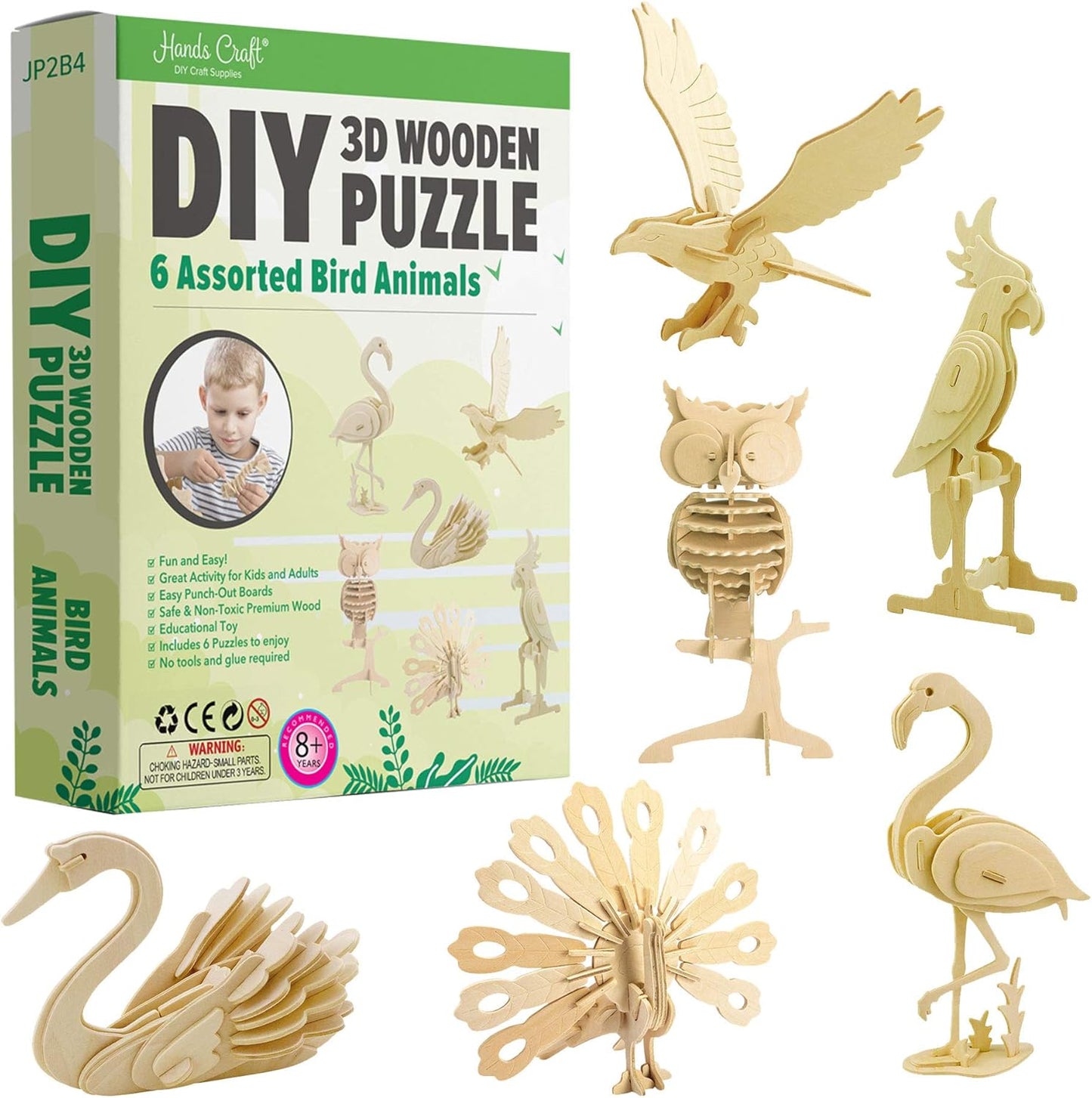 Hands Craft DIY 3D Wooden Puzzle – 6 Assorted Bird Animals Bundle Pack Set Brain Teaser Puzzles Educational STEM Toy Adults and Kids to Build Safe and Non-Toxic Easy Punch Out Premium Wood JP2B4