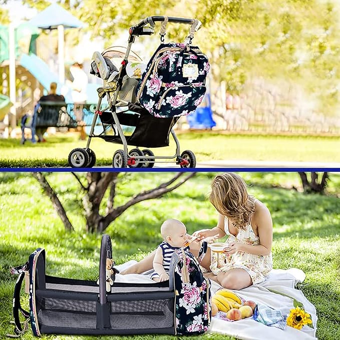 Diaper Bag Backpack Waterproof Baby Bag Large Capacity Multifunction Nappy Bags Floral Insulated Durable Travel Maternity Back Pack with Changing Station for Baby （Black）