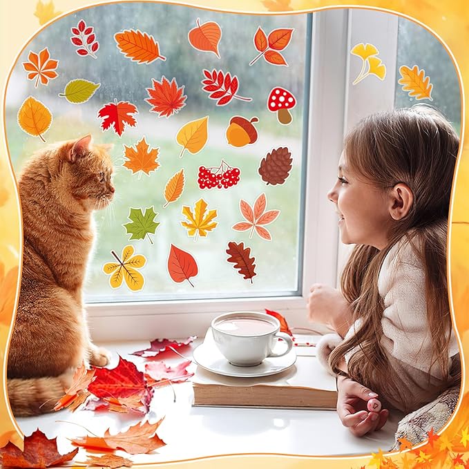 MARFOREVER 25 PCS Fall Window Gel Clings, Reusable Autumn Maple Leaves Thick Gel Clings Decals Thanksgiving Window Stickers for Kids Classroom Toddlers Home Party Supplies Window Glass Decorations