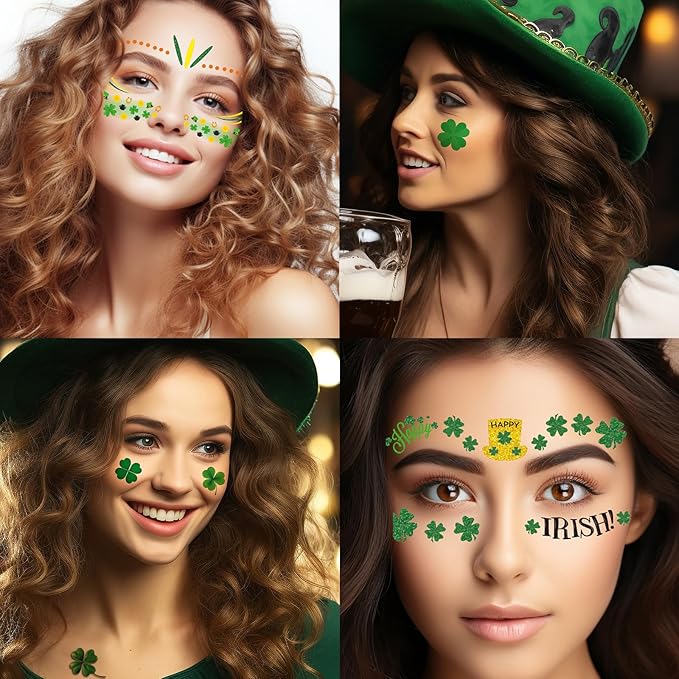 120+ PCS Glitter St Patrick's Day Face Tattoos Stickers, Two Sizes Glitter Body Jewelry Lucky Shamrock Clover Tattoos, St. Patrick's Day Accessories Temporary Tattoos for Irish Party