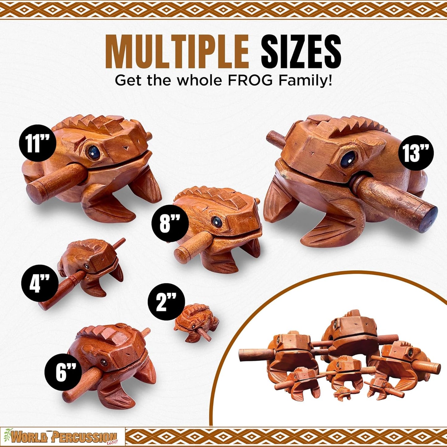 Deluxe Jumbo 11" Wood Frog Guiro Rasp - Percussion Musical Instrument Tone Block - Wooden Instrument with Stick, Frog Noise Maker by World Percussion USA