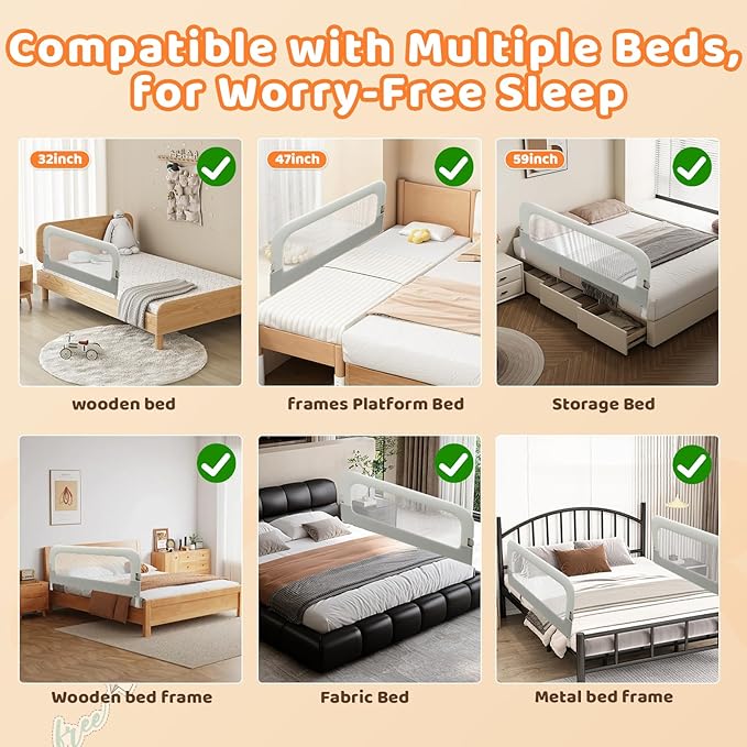 Bed Guard Rail for Toddlers - 47inch Foldable & Adjustable Height Baby Bed Safety Side Rails - Large Toddler Crib Railing Guard for Twin, Bunk, Full Size, Queen & King, Full Size Bed