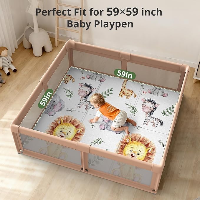 Baby Play Mat, 59 x 59 PlayMat Perfect for Use Baby Playpen, Foldable Soft Foam Babies Play Mat for Floor, Babies Activity Tummy Time Playmat, Kids Non Toxic Thick Mat for Babies, Toddlers, Infants