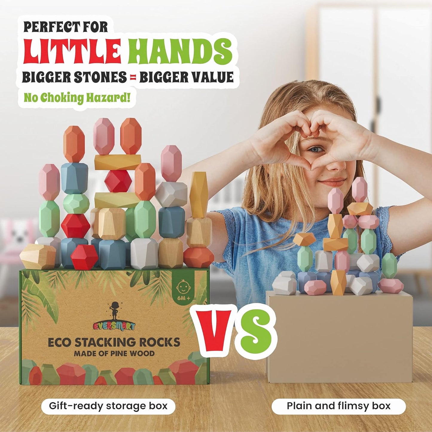 36 Pcs Wooden Stacking Blocks – Montessori Toys for 1 2 3 4 5 6 Year Old Toddlers and Kids, XL Rocks, No Choking Hazard – Sensory STEM Building Stones, for Girls and Boys