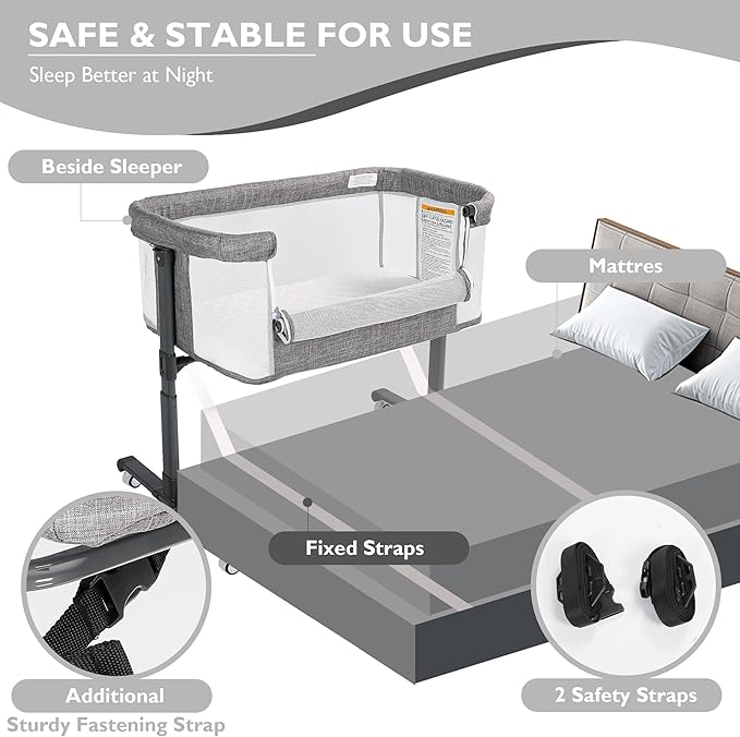 Baby Bassinet Bedside Sleeper, 2 in 1 Folding Portable Newborn Bedside Sleeper, All-Sided Mesh Infant Travel Crib for Toddlers, 6 Adjustable Height, with 4 Wheels, Grey