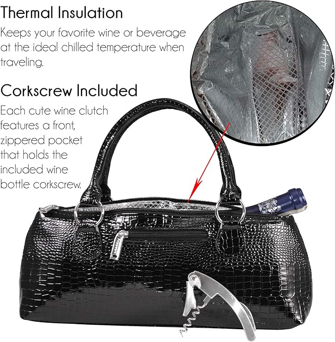 Wine Clutch Bag (Thermal Insulated) Trendy Women’s Carry Tote | Holds Red & White 750mL Bottles | Trendy Fashion | Incl. Portable Waiter-Style Corkscrew