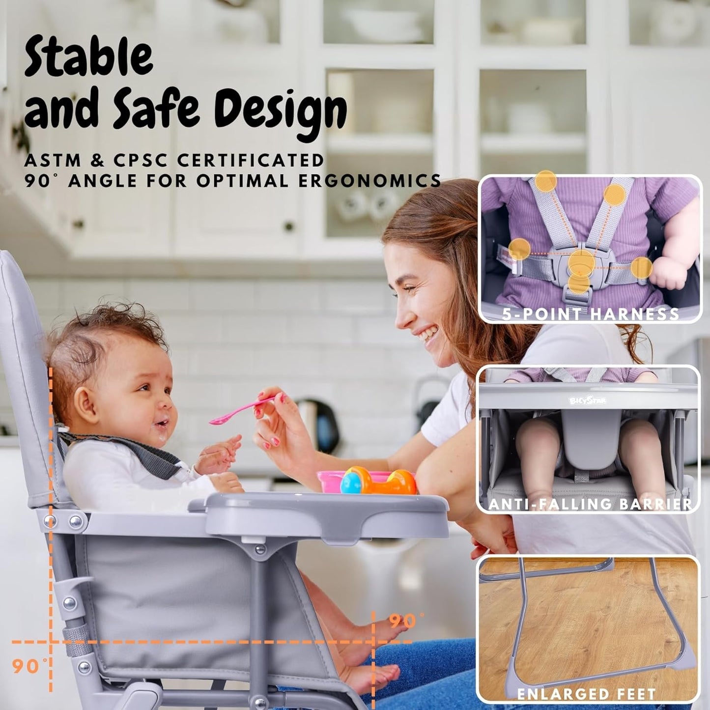 Foldable Baby High Chair with Easy Clean Double-Layer Tray, Adjustable Foot Rest, Safety First 5 Point Harness, Compact Space Saver Baby Feeding Chair Portable for Travel