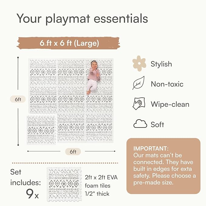 Lillefolk Baby Play Mat for Floor – 6x6ft Boho | Soft Non Toxic Premium EVA Foam Tiles for Tummy Time, Crawling & Playroom – Waterproof Interlocking Floor Mat for Babies & Toddlers (9 Tiles)