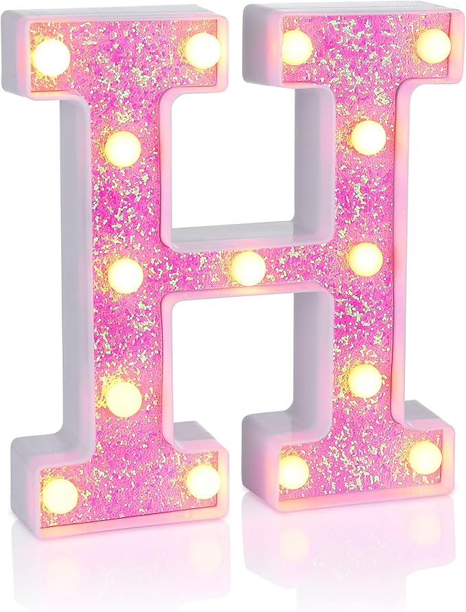 Foaky Pink Light up Letters，Pink Party Decorations,Girls Room Decor,Glitter Light Up Letters,Alphabet Letter Sign for Night Light Birthday Party Girls Gifts, Home Bar Decoration（H）
