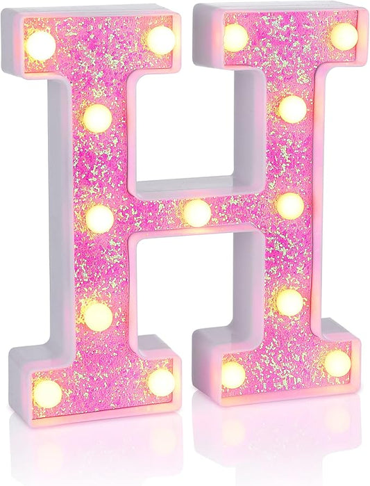 Foaky Pink Light up Letters，Pink Party Decorations,Girls Room Decor,Glitter Light Up Letters,Alphabet Letter Sign for Night Light Birthday Party Girls Gifts, Home Bar Decoration（H）