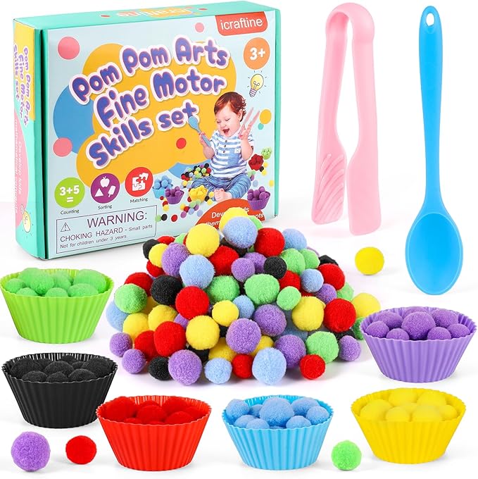 158 PCS Fine Motor Skills Set - 150 Pom Poms, 6 Sorting Bowls, Tweezers, Spoon, Sensory Bin Filler for Preschool Kids Counting, Sorting, Matching Training Activity