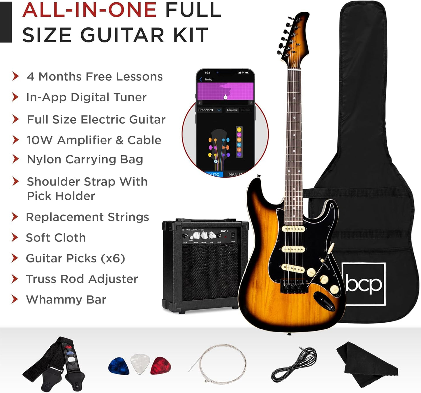 Best Choice Products 39in Full Size Beginner Electric Guitar Starter Kit w/Case, Strap, 10W Amp, Strings, Pick, Tremolo Bar - Sunburst