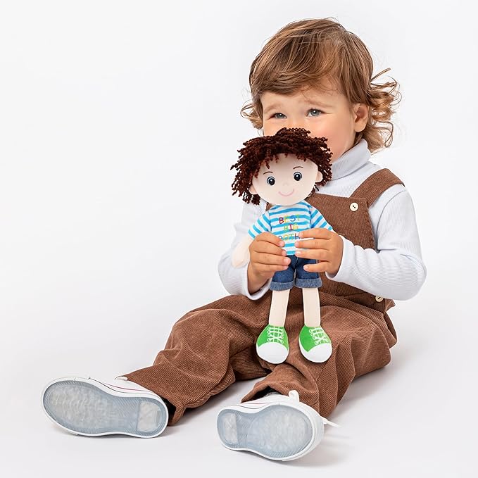 June Garden 14" Snuggle Cutie Benny – Best Big Brother Soft Plush Doll – Stuffed Boy Doll with Blue Striped Shirt and Green Shoes – Ideal Gift for Toddlers & Big Brother Celebrations - Blue M