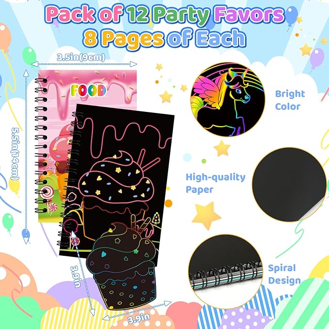 12 Pack Scratch Art Party Favors for Kids - Rainbow Scratch Paper Notebook with Scratch Off Cards Easter Basket Stuffers Birthday Goodie Bags Stuffers with - Return Gifts DIY Classroom Prizes