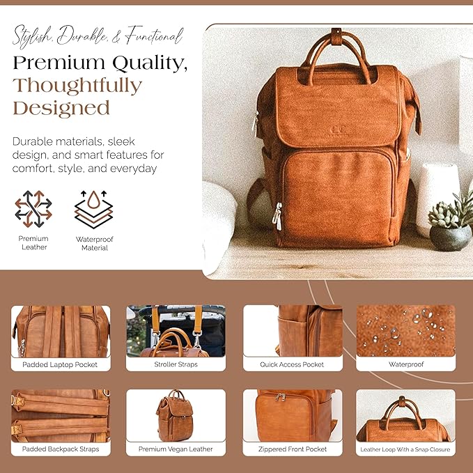 Citi Collective Explorer Brown Diaper Bag Backpack - Vegan Leather Diaper Bag with Shoulder Strap, Insulated Bottle Pockets, Changing Pad, Stroller Clip- Versatile Diaper Bag for Baby