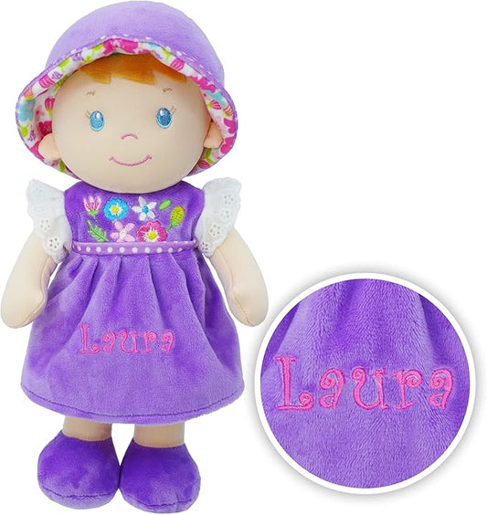 June Garden Personalized Soft Dolly Laura - Stuffed Soft Baby Doll for Birth and Up with Custom Name - Purple Dress - 13"
