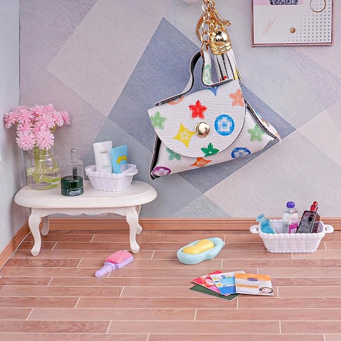 74Pcs Dollhouse Acessories Furniture Mini Cabinet with Drawers Case Handbag Towel Cosmetic Set Bathroom Toothbrush Shampoo Hair Dryer Comb Purse Decor DIY Doll Backpack Girl Micro Scene Makeup