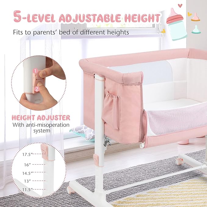 BABY JOY Bassinet Bedside Sleeper, 3 in 1 Folding Crib w/Adjustable Height, Mattress, Lockable Wheels, Storage Pocket & Carry Bag for Infant Newborn, Stationary & Rock, Portable Baby Bassinet (Pink)