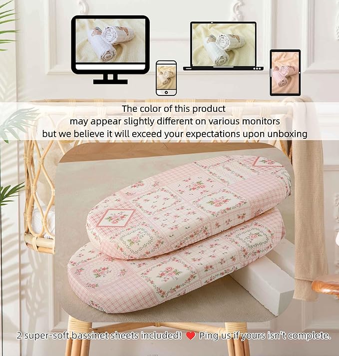 SDY Floral Baby Bassinet Sheets Set 2 Pack,Soft Bassinet Fitted Sheets for Boys Girls,Universal Fit for Bassinets Baby Cradle Moses Basket Oval Rectangle Mattress Set 32 * 16 * 4 inches (Pink Floral)