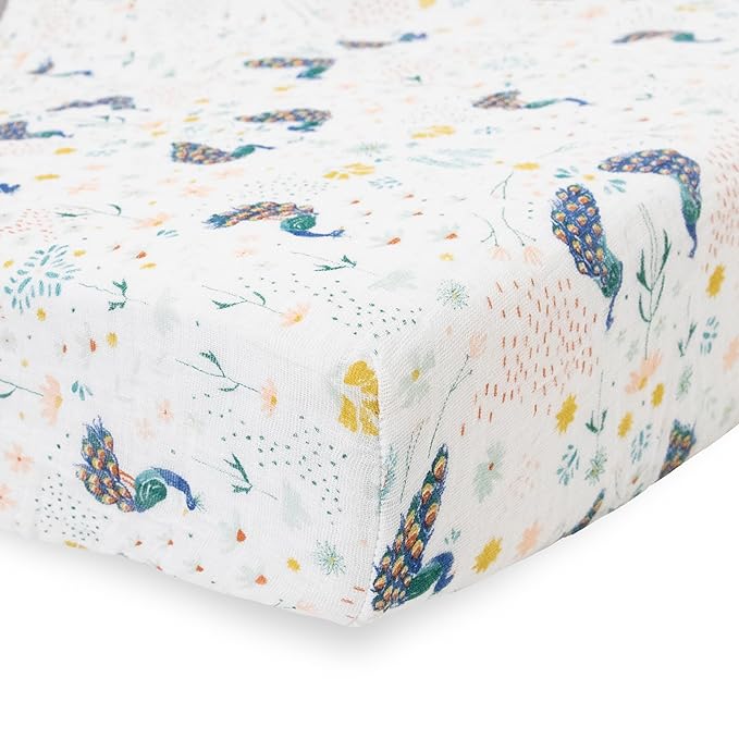 Little Unicorn Premium Crib Sheet | Breathable & Super-Soft Muslin Fabric (Peacock)