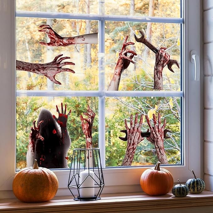 2 Sheets Halloween Window Clings for Glass Window Stickers Double-Side Ghost Window Decals Bloody Arm Ghost Shadow Designs DIY Decoration for Halloween Party Home Office Shop Glass Decor Supplies