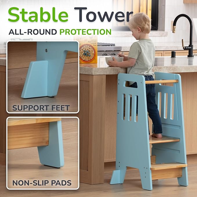OCODILE Toddler Tower with a Sliding Door and 3 Adjustable Heights - Complete Toddler Kitchen Stool Helper with Support Feet - Safe Design for 18+ Months to 6-Year-Old Kids - Blue