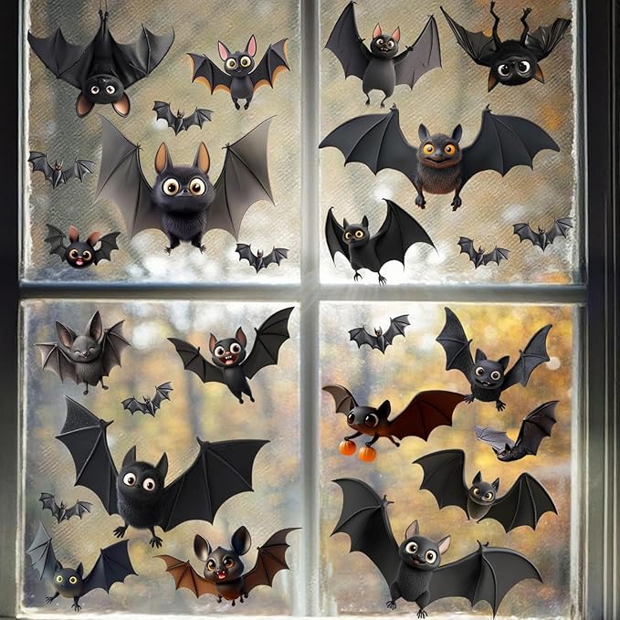4 Sheets Halloween Decorations Window Clings Decals Cartoon Cute Bats Window Stickers for Glass Double Sided Printed Bat Windows Decal Decor for Home School Office Party Supplies
