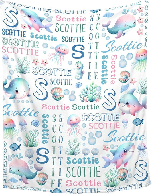 Personalized Baby Blanket for Girls Boys Kids Oceans Shark Custom Baby Blanket with Name Throw Birthday Gift for Toddlers Infants Shower Newborns Nursery Stroller Crib Bed Decor