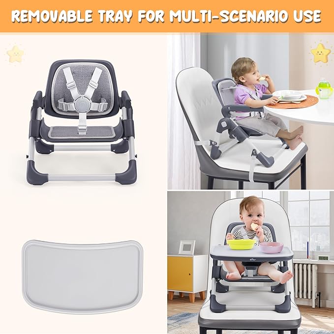 Bear Booster Seat for Kitchen Chairs, Portable High Chair for Babies 6–12 Months, Adjustable 3-Level Foldable Booster with Removable Tray, Ideal for Home, Outdoor, Camping, and Travel