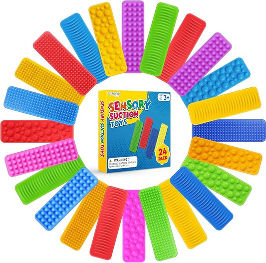 Sensory Fidget Toys Kids Adults: 24 Pack Textured Suction Toys for Autism Kids Calming - Sensory Stickers for Anxiety Relief - Fidget Strips for Classroom Desk - Gifts Christmas Stocking Stuffers