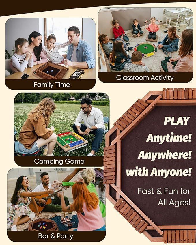 12" Upgraded Shut The Box Game, Math Dice Board Game for Family Night Classroom Travel, Wooden Table for Group Kid Adult Senior, Travel Party Bar, Easy Quick and Fun, 2-4 Players