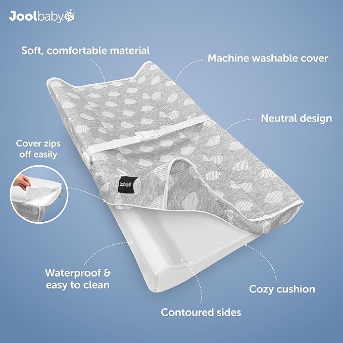 Jool Baby Soft Changing Pad + Washable Cover, Non-Slip - Fits Standard Changing Tables & Dressers (Gray)