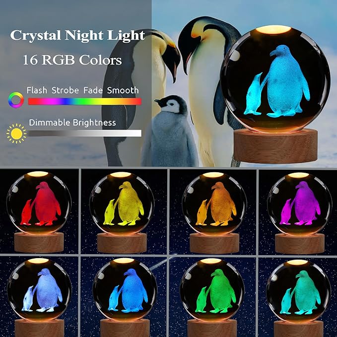 Penguin Night Light, Penguin Gifts, K9 3.15 Inch (80mm) Crystal Ball Night Light with 16 Colors Remote Upgraded Lamp for Birthday Xmas Cool Animal Figurines Gifts for Room Decor Boys Girls