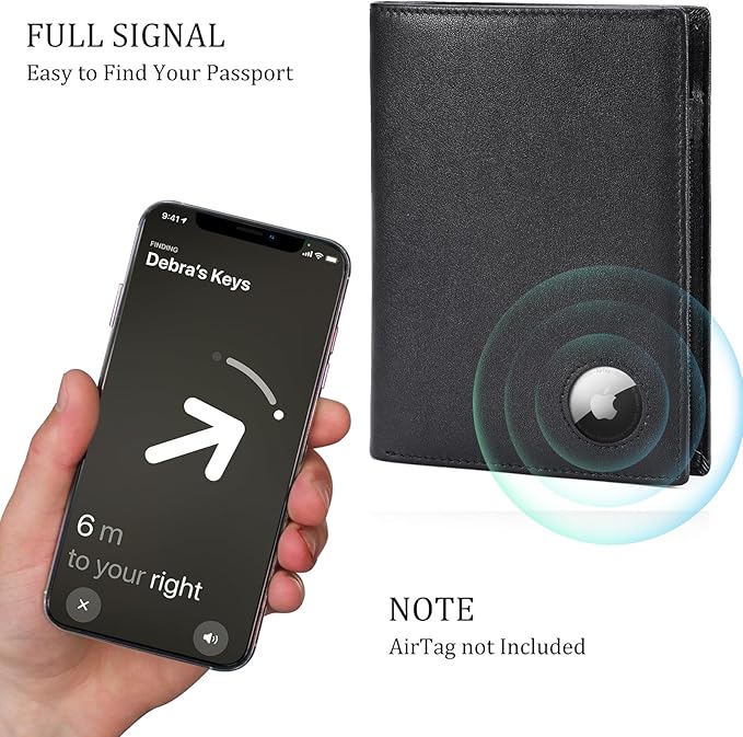 Polare Luxury RFID Blocking Leather Passport Holder Travel Wallet For Men and Women (Black with AirTag Slot)