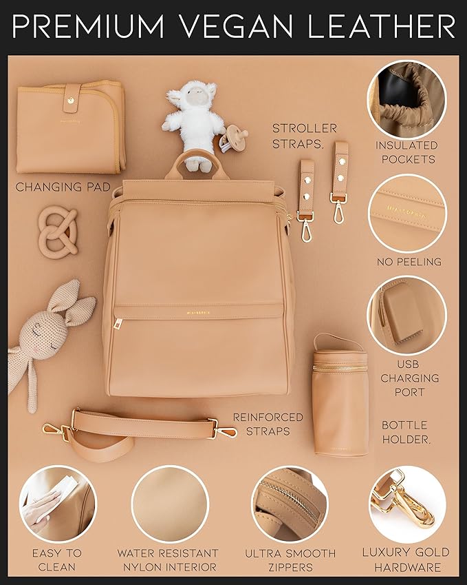MIA + SOPHIA Leather Diaper Bag Backpack with USB Charging Port, Changing Pad, Stroller Straps, Bottle Holder (Brown Sophia)