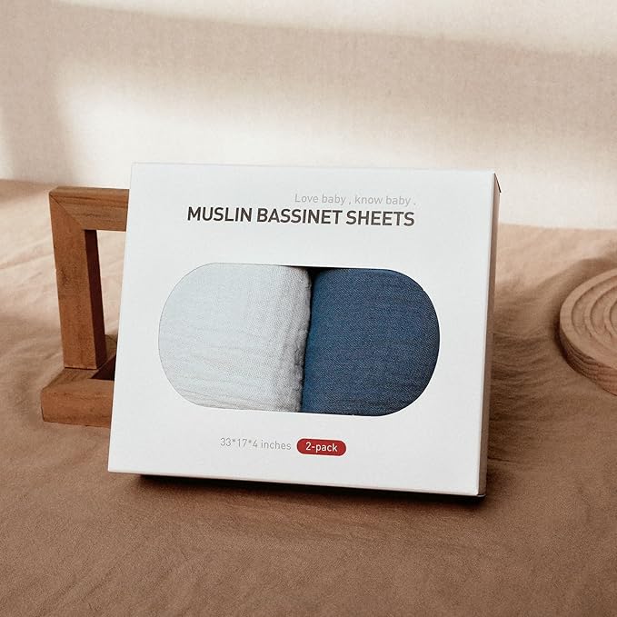 Muslin Bassinet Fitted Sheets, 2 Pack for Baby Boy and Girl, Soft Breathable Stretchy Baby Pad/Mattress Sheet Set, Universal Fit for Hourglass Oval and Rectangle Bassinet Mattress (Bright Colors)