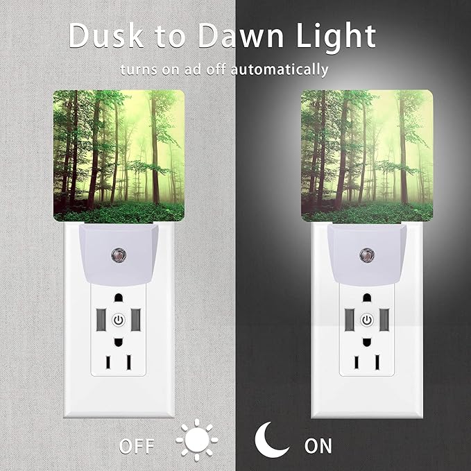 Misty Forest Night Light,Fantasy Green Tree Night Lights Plug into Wall with Dusk to Dawn Light Sensors 0.5W Dim Night-Lights for Bedroom