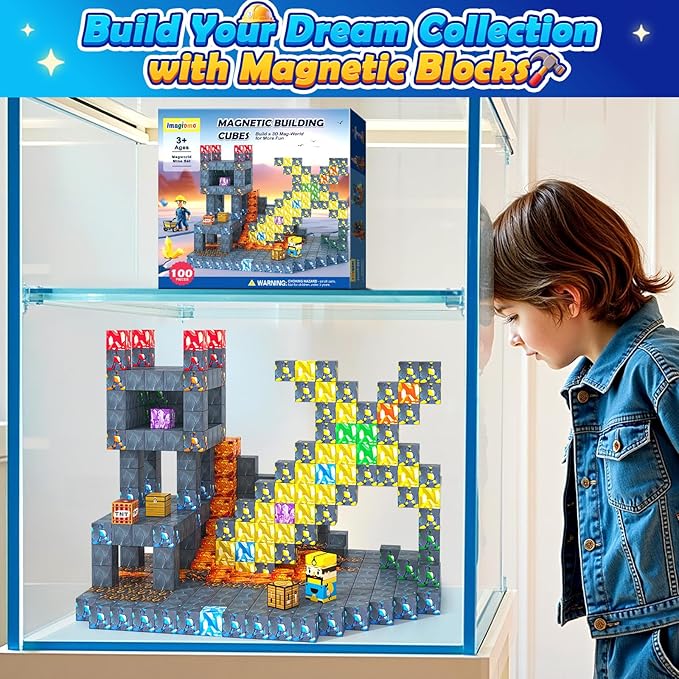 100PCS Magnetic Blocks - Build Mine Magnet World Mine Sword Adventure Set, Building Toys Classroom Must Haves Learning Sensory Toys for 3 4 5 6 7 8 Toddlers Kids Games Birthday Gifts for Boys & Girls